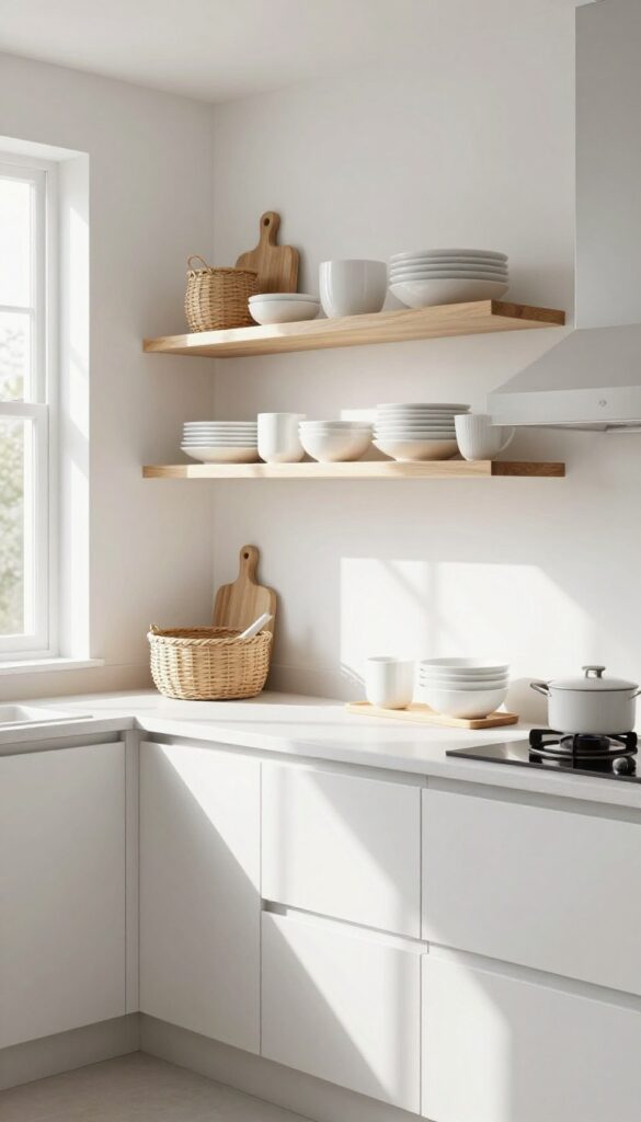 Open shelving on one wall in a small modern kitchen with white dishes and wooden accessories