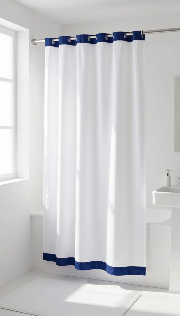 White shower curtain with navy blue border in a bright minimalist bathroom