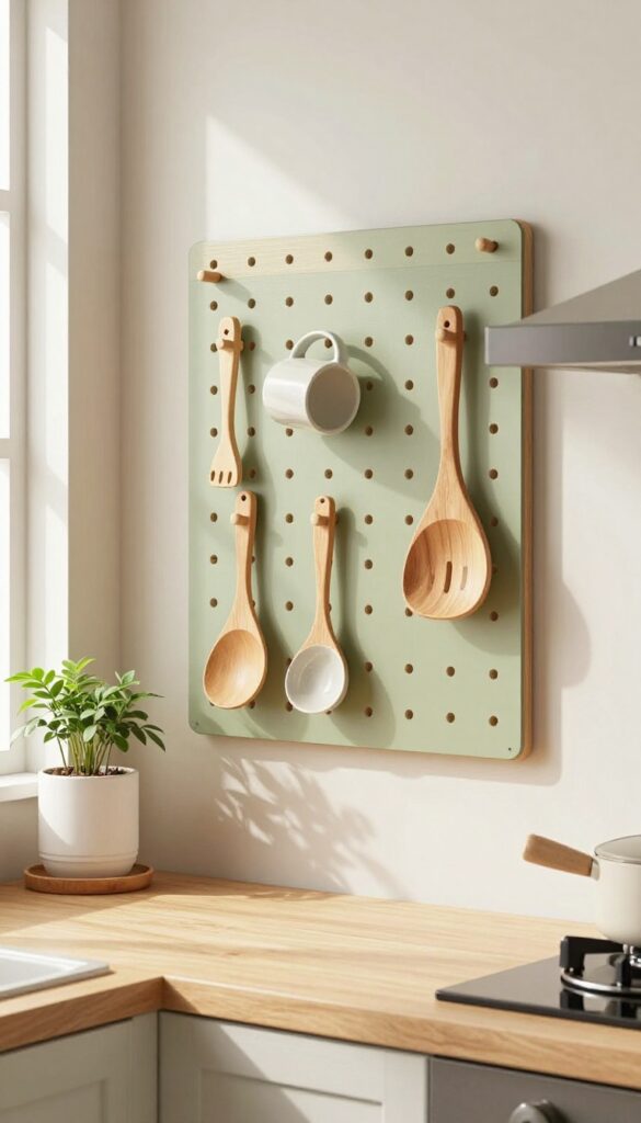 Small kitchen with slim sage green pegboard holding wooden utensils, ceramic mug, and trailing plant beside stove