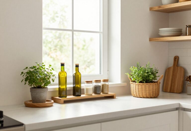 Bright kitchen countertop with wooden tiered stand, spice jars, herb plant, and woven basket on open shelves