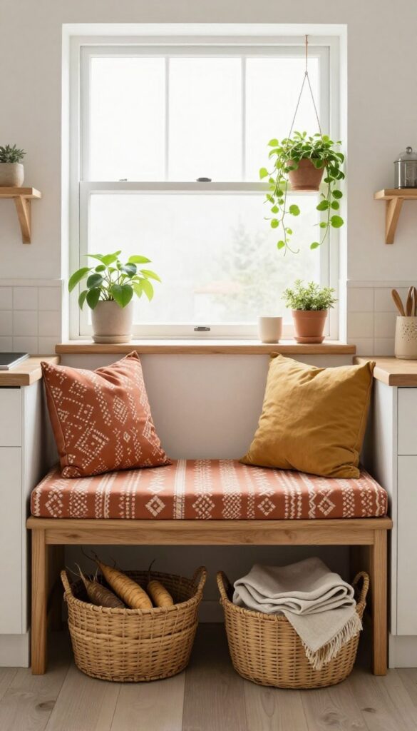 Small boho kitchen with wooden bench under window, patterned cushion, woven baskets underneath, and hanging plant above.