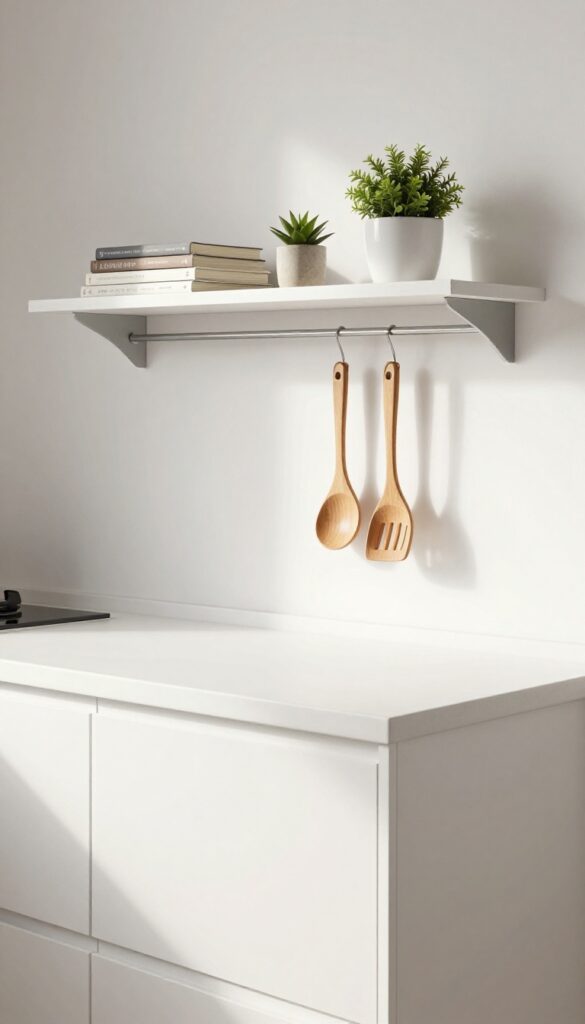 Kitchen island with narrow shelf holding cookbooks and hanging utensils