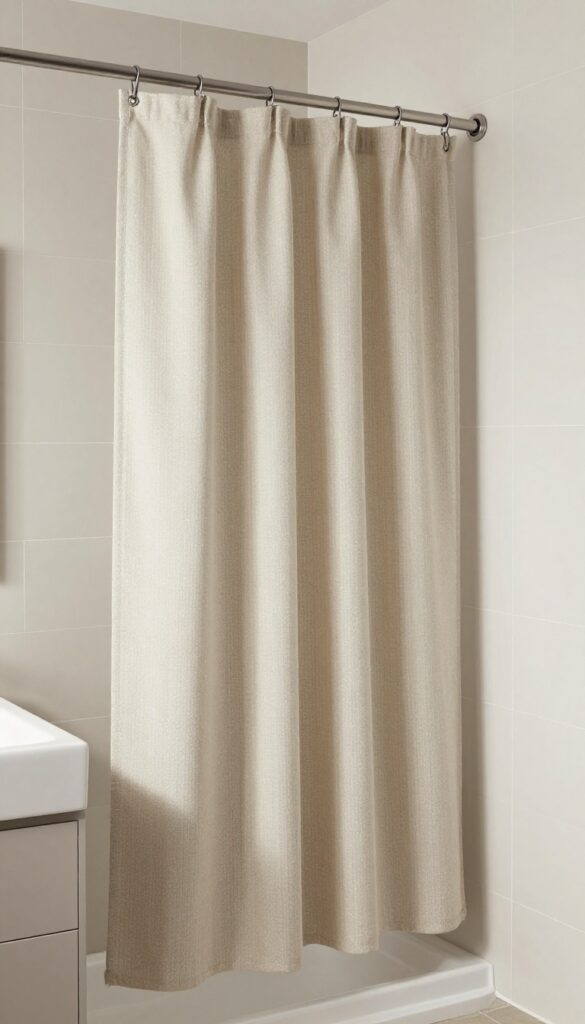 A DIY shower partition made of waterproof fabric in a bathroom with natural light and clean decor.