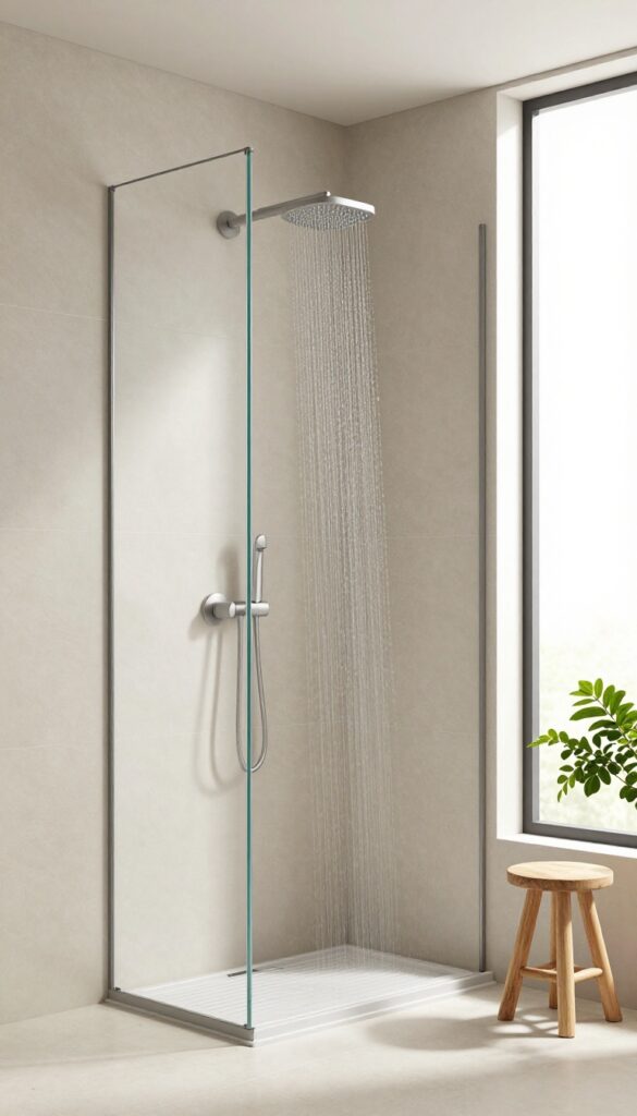 A minimalist curbless shower with large neutral tiles, frameless glass, and natural accents in a bright bathroom.