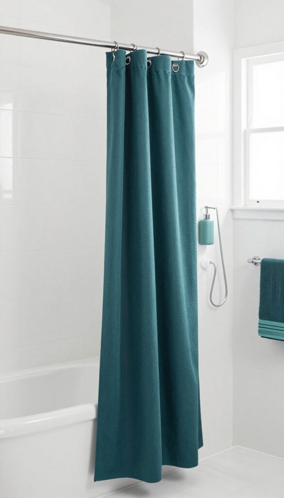 A colorful shower curtain rod in navy blue or emerald green adds playful personality to a polished bathroom with white tiles and fixtures.