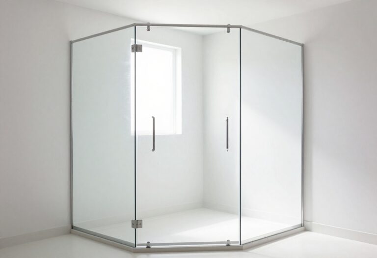 Modern bathroom with frameless glass shower, textured tiles, and built-in storage niches in a bright, airy space.