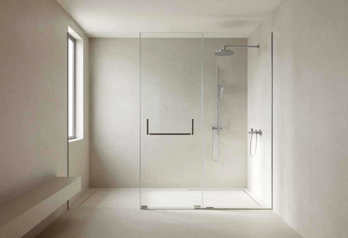 Modern bathroom with frameless glass shower, large tiles, rainfall showerhead, and built-in bench in a bright, polished setting.