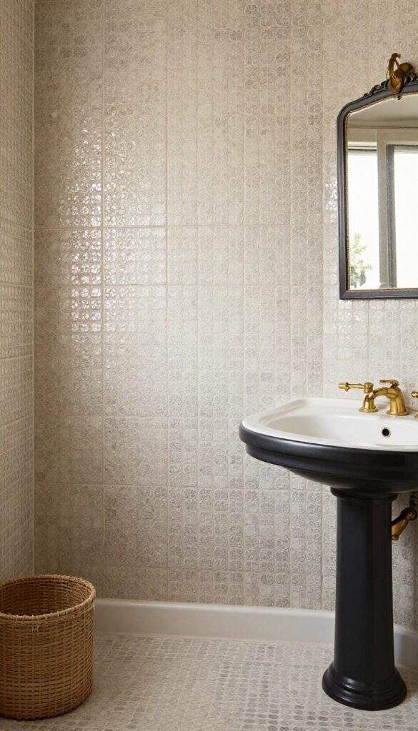 Vertical penny tile shower wall in a retro-inspired bathroom with natural light and vintage decor.