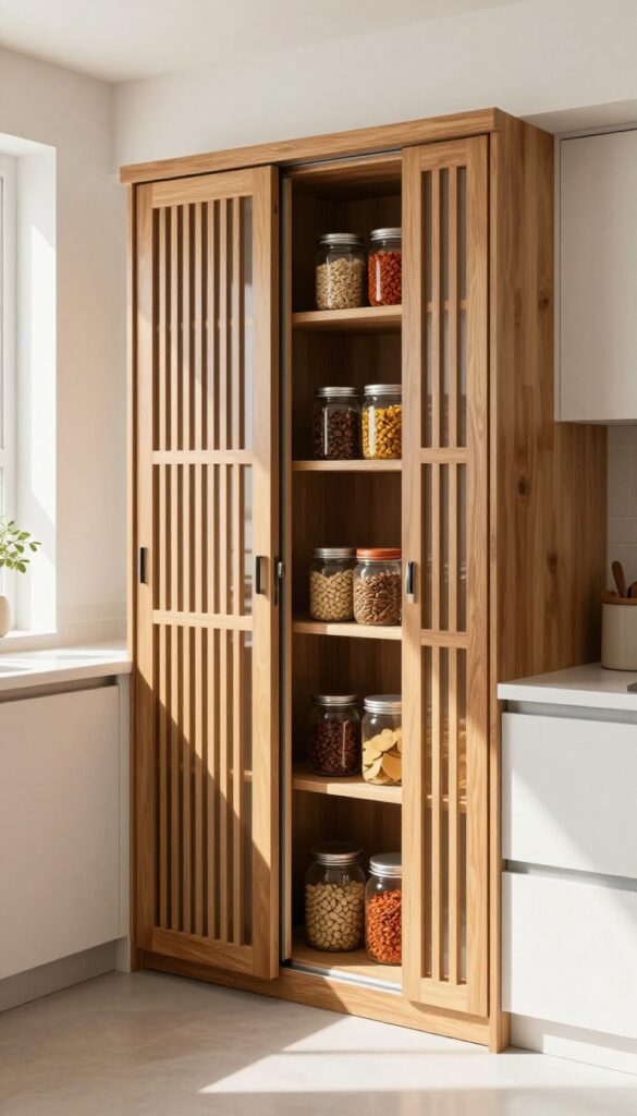 Slim sliding door pantry in a bright Indian kitchen with organized jars and baskets