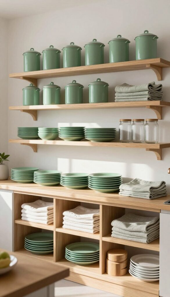 Open kitchen shelves styled with sage green accessories including plates, canisters, and towels mixed with neutral items in bright natural light.