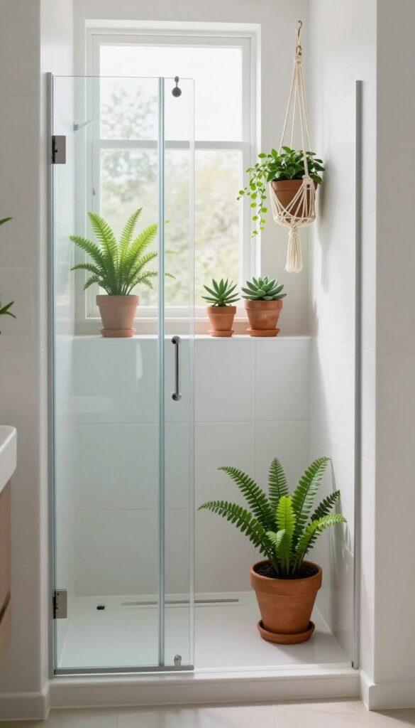 A shower stall with water-resistant plants in pots on a shelf and hanging, showcasing botanical decor for a polished bathroom.