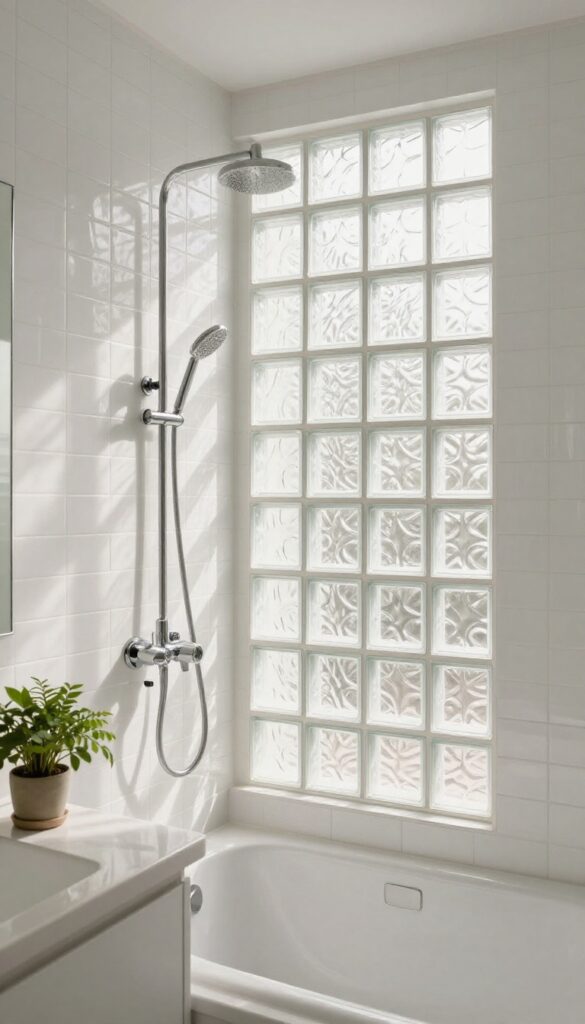 Bathroom with tub-shower combo and glass block wall