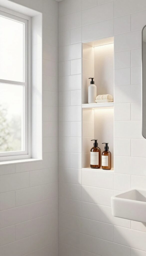 A white tile shower with built-in niches for storage in a modern bathroom, showcasing clean design and natural light.