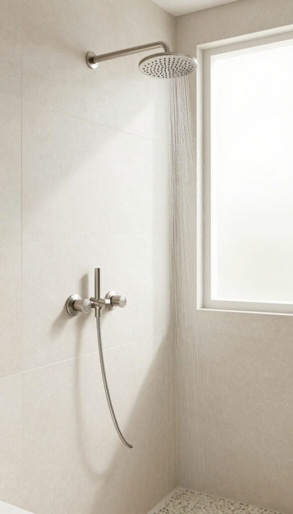 Modern bathroom shower with thermostatic valve and rain showerhead