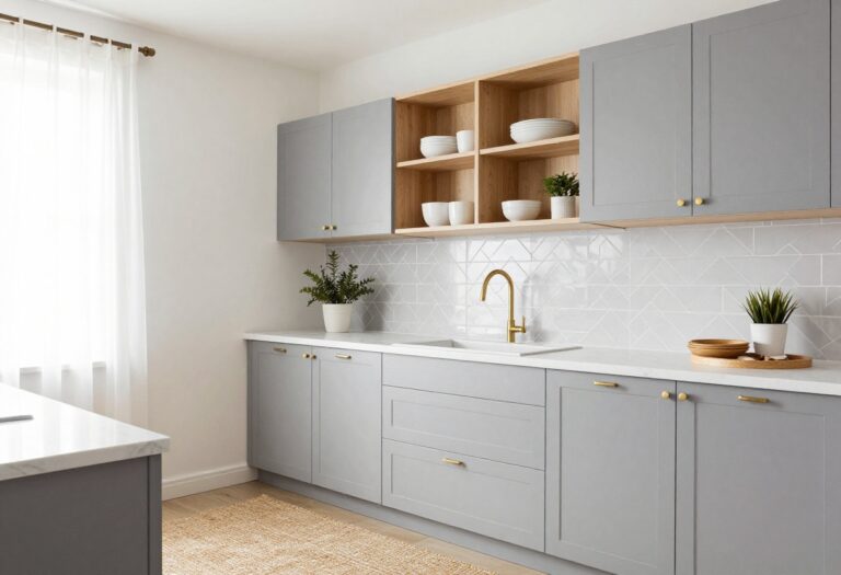 Light gray kitchen with white countertops, brass hardware, and natural wood accents
