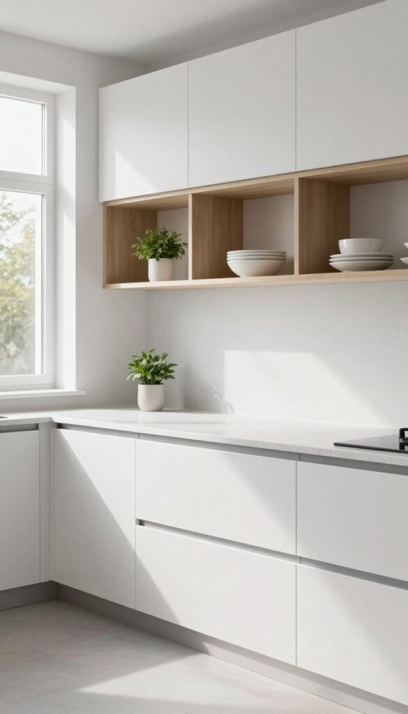 Modern kitchen with thin slab countertop, handleless cabinets, open shelving, and natural light
