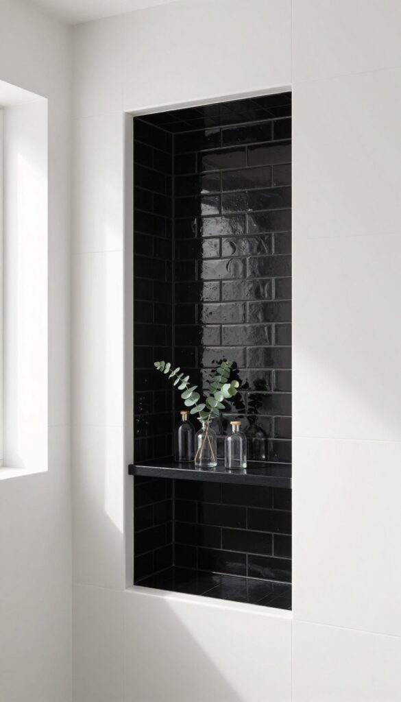 Black shelving niche with white surround in a modern shower