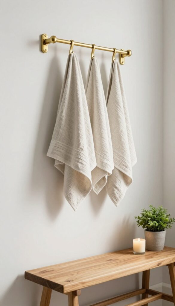 A shower bench with integrated towel rack in a bright bathroom, showcasing teak wood and brass hooks with linen towels and a decorative plant.