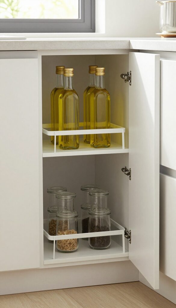 Open corner cabinet with two-tier lazy Susan holding oil bottles and spice jars