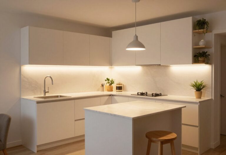 Cozy small kitchen with layered warm lighting including under-cabinet LEDs, mini pendant, and shelf puck lights