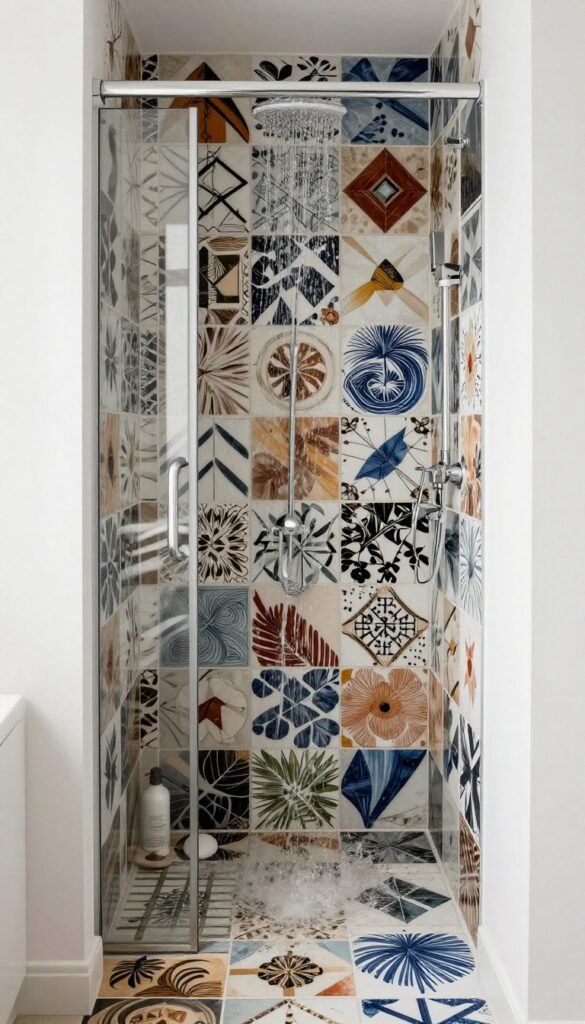 A cluttered stand-up shower in a small bathroom with trendy tiles causing a messy look, water splashing out due to poor design, and lack of storage.