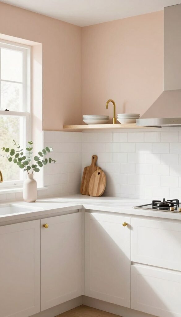 Bright kitchen with peach blush walls, white subway tile, brass hardware, and open shelving