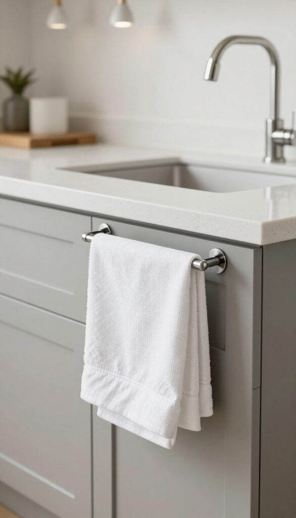 Modern kitchen island with towel ring mounted on side