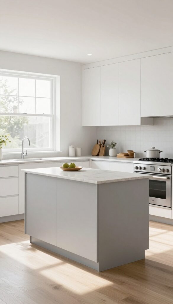 Pale gray kitchen island with dark charcoal base, white cabinets, light countertop, bright natural light