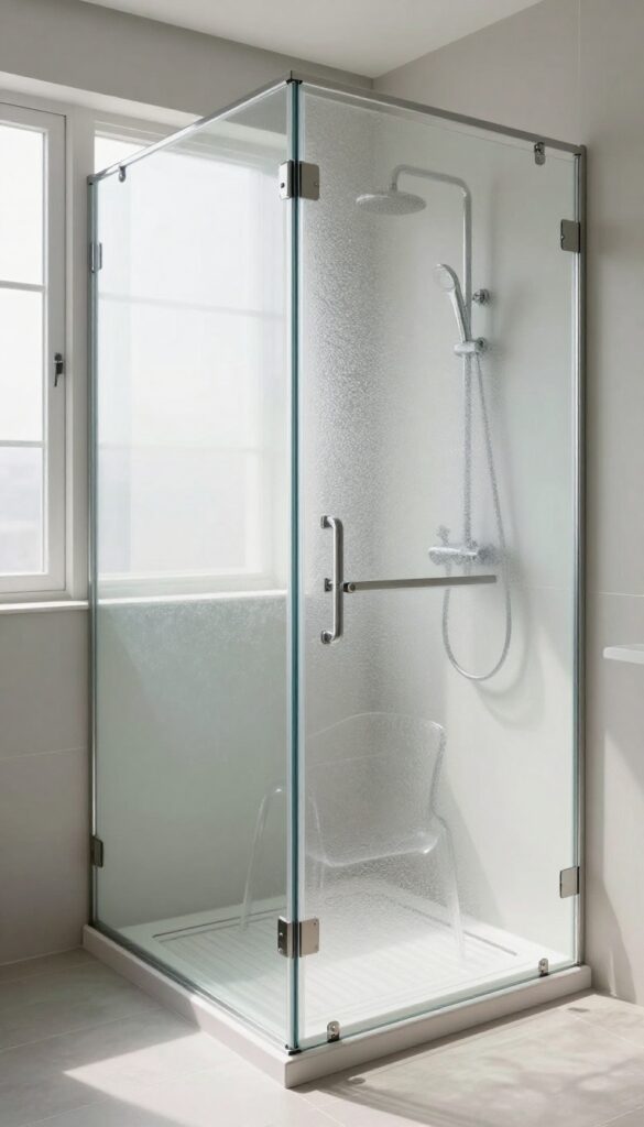 Clear acrylic ghost chair in a modern shower with chrome fixtures and natural light