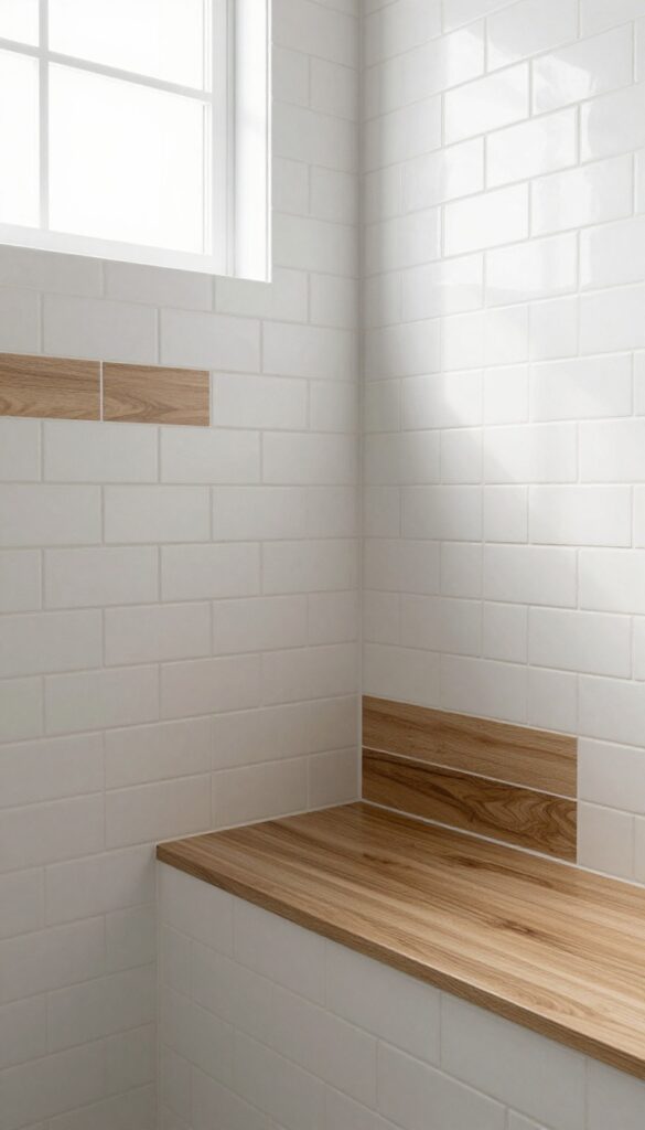 A master bathroom tile shower with wood-look porcelain accents on a niche and bench, blending textures for a warm, elegant look in bright natural light.