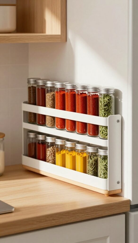 Magnetic spice rack on the side of a cabinet in a bright kitchen