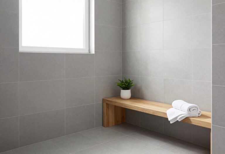 Modern bathroom shower with geometric gray tiles and a wooden bench seat, showcasing a fresh and stylish home decor idea.
