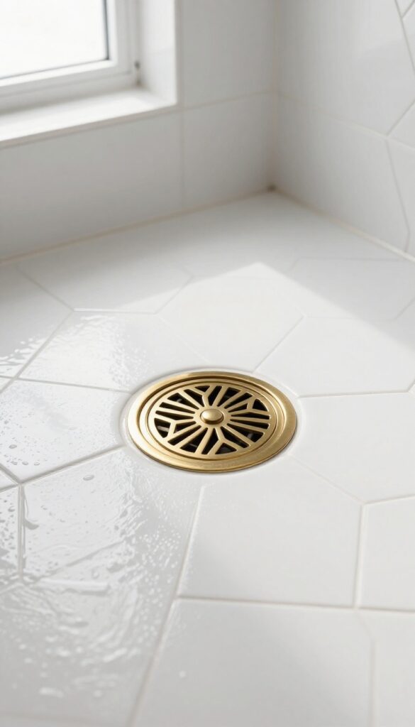 Decorative brass drain cover with geometric pattern on white hexagonal shower tiles