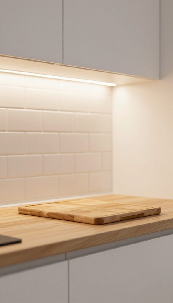 Slim under-cabinet LED strips illuminating a kitchen countertop with fresh vegetables, creating a warm and inviting atmosphere.