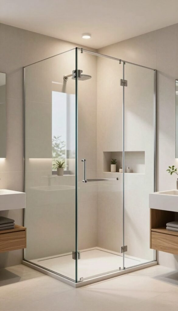 A modern bathroom featuring a frameless glass shower enclosure that enhances spaciousness with bright natural light, large-format neutral tiles, warm lighting, wood accents, and plants for a clean, minimalist look.