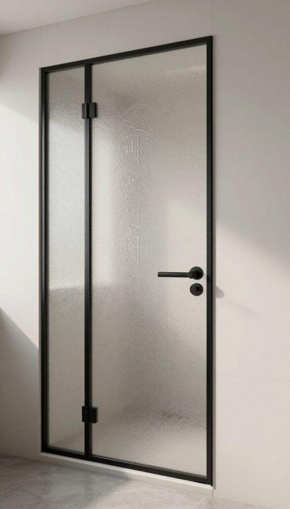 Custom frosted glass shower door with unique patterns in a bright, modern bathroom setting.