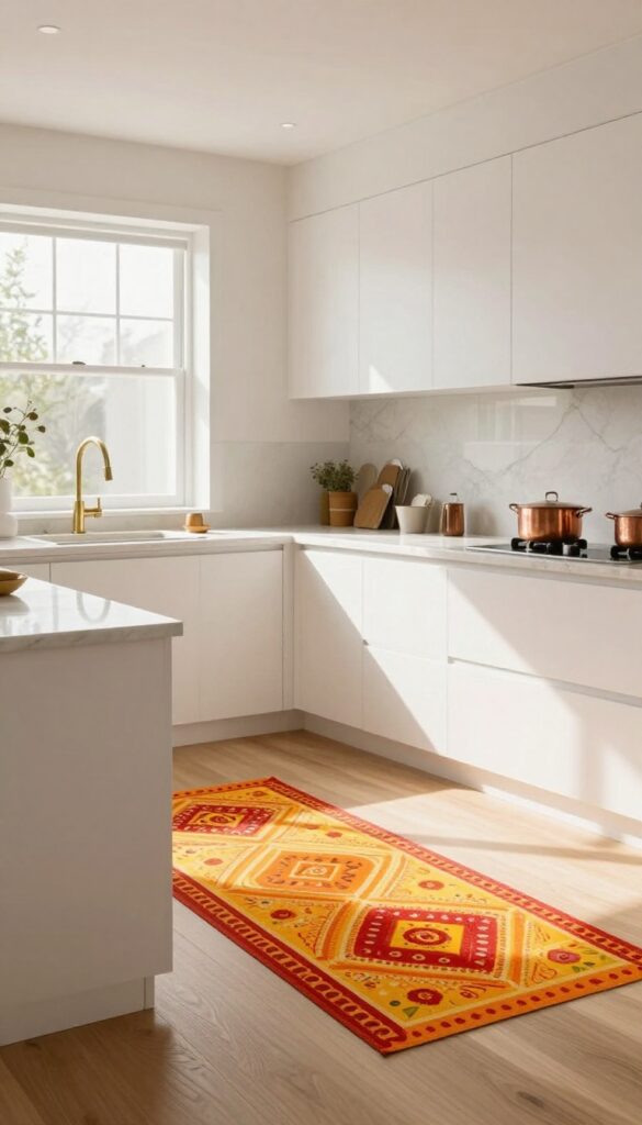 Bright kitchen with white cabinets and a colorful rangoli floor sticker near the sink