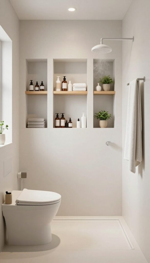 A small modern bathroom with a steam shower, showcasing smart storage solutions like recessed niches and floating shelves to maximize space without clutter.