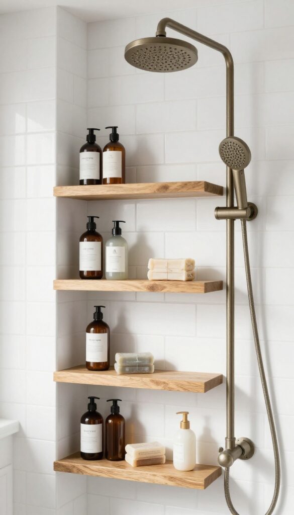 A farmhouse bathroom shower with built-in niche shelving lined with subway tiles, displaying organized toiletries in a bright, clean setting.