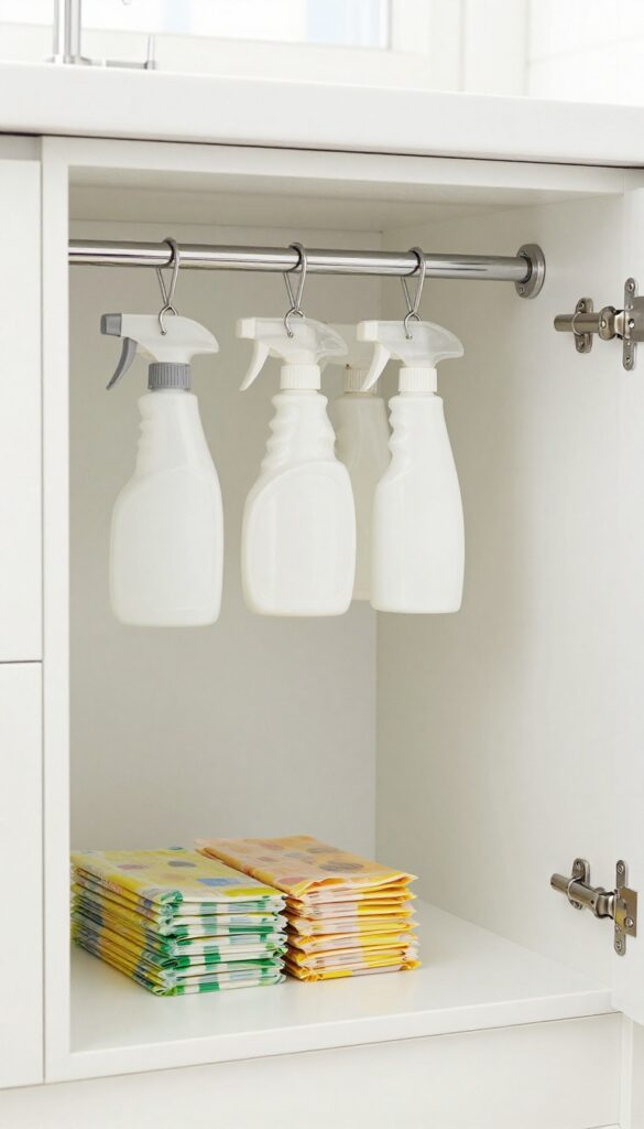 Under-sink cabinet with tension rod holding spray bottles