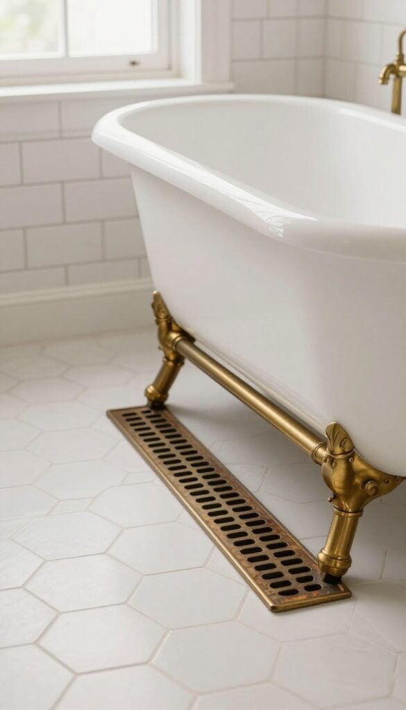 Vintage bathroom with clawfoot tub and brass drain cover