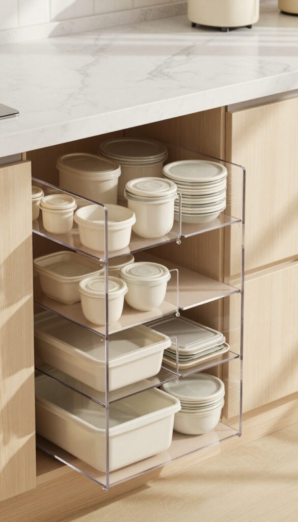 Deep kitchen drawer with clear acrylic organizer holding food storage lids upright by size, bathed in natural light.