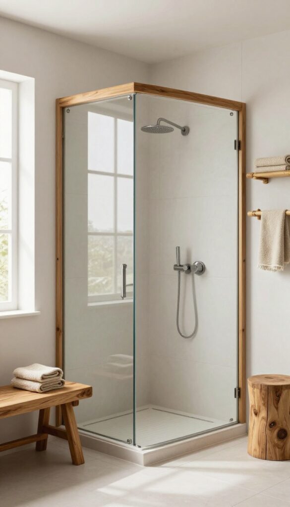 A cozy neo angle shower with warm wood accents including a teak bench and bamboo shelves, showcasing rustic-chic style with modern tiles and natural light.