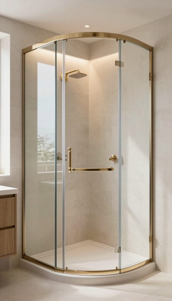 A curved glass shower enclosure in a bright, elegant bathroom with natural light, stone tiles, wood accents, and warm lighting for a soft, luxurious spa-like feel.