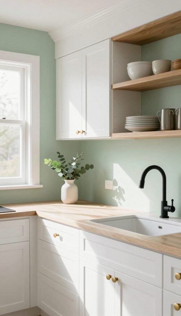Pale sage green kitchen walls with glossy white trim, warm wood accents, and natural light.