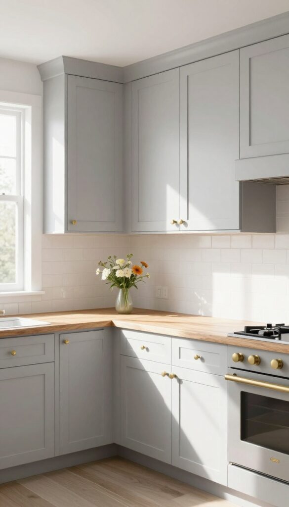 Light gray kitchen cabinets with warm wood countertops and brass hardware
