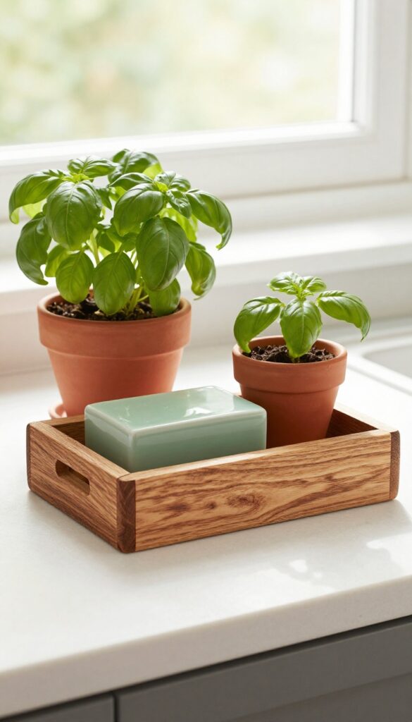 Reclaimed wood soap caddy with drainage slats holding a sage green ceramic soap dispenser, small basil plant beside it on a kitchen countertop