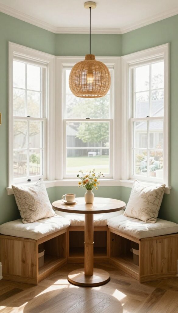 Cozy breakfast nook with built-in seating in a sunlit kitchen corner