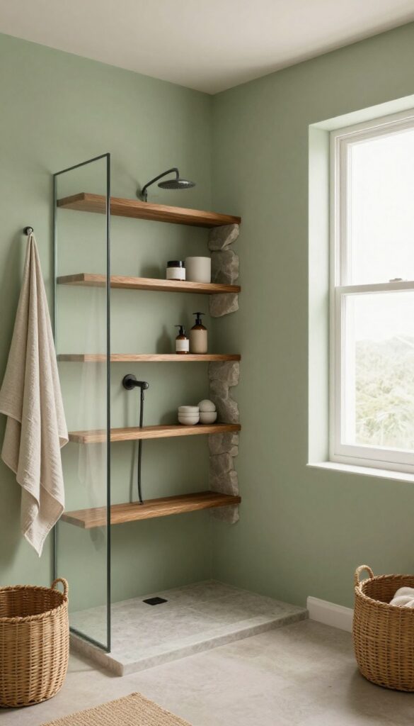 A serene off-grid bathroom with soft green walls, wooden shelves, stone accents, and natural textiles in earthy tones.
