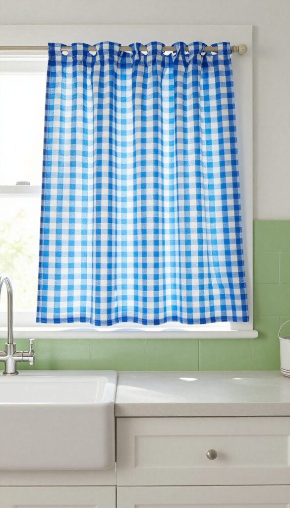 Single patterned cotton curtain panel hung off to one side above a kitchen sink, leaving the window mostly bare for an airy look.